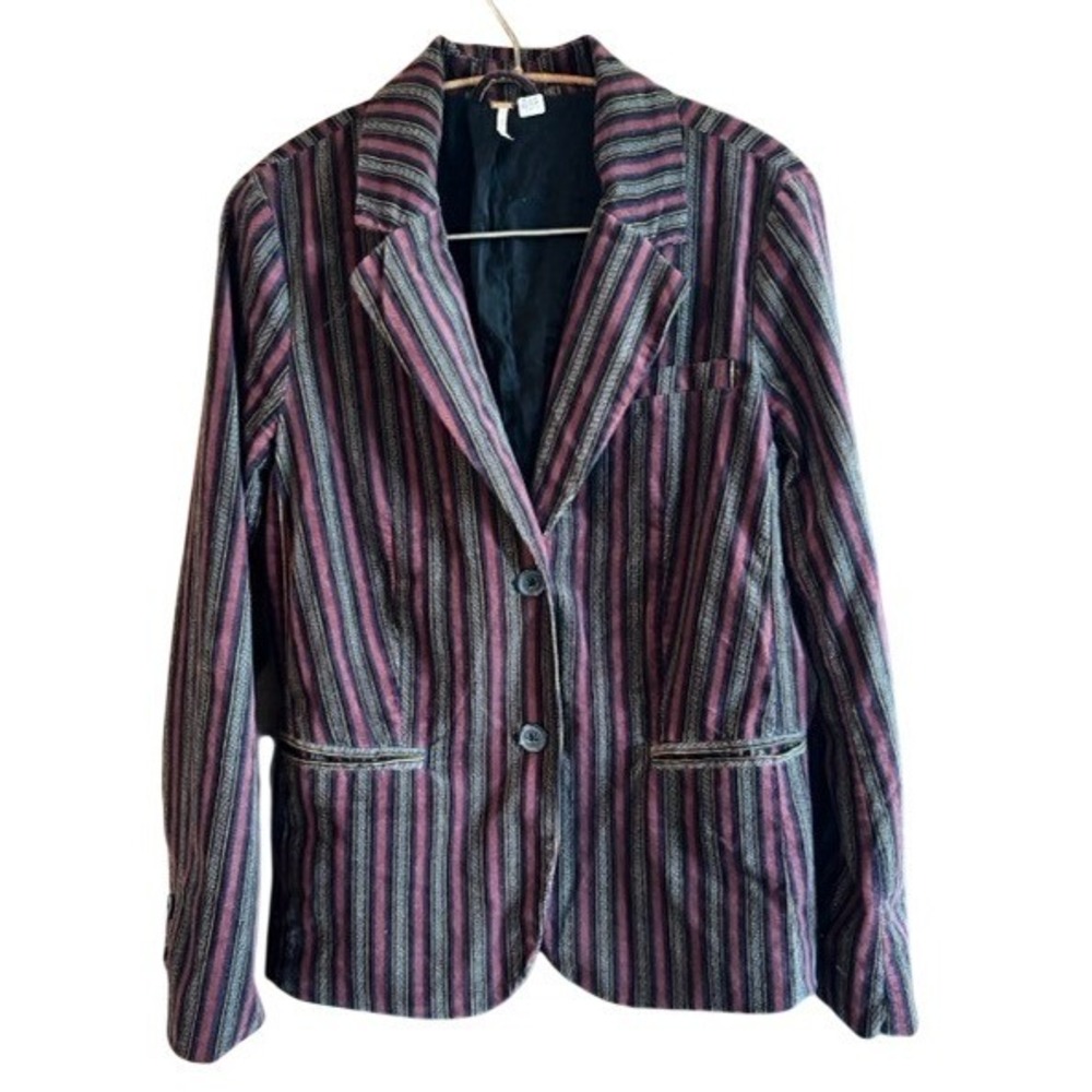 Free People Striped Velvet Blazer Jacket Burgundy Black Gold Womens M